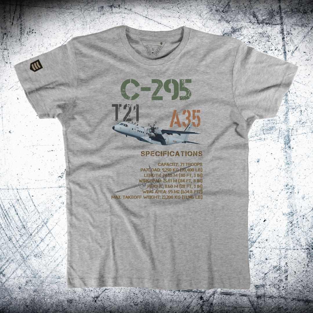 Camiseta C-295 Ala 35 gris vigore - Vista frontal diseño avión transporte militar