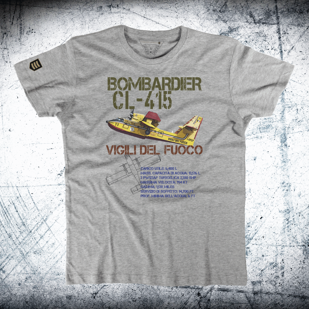 Camiseta CL-415 Vigili del Fuoco en color gris vigore - Diseño Canadair avión anfibio bomberos Italia