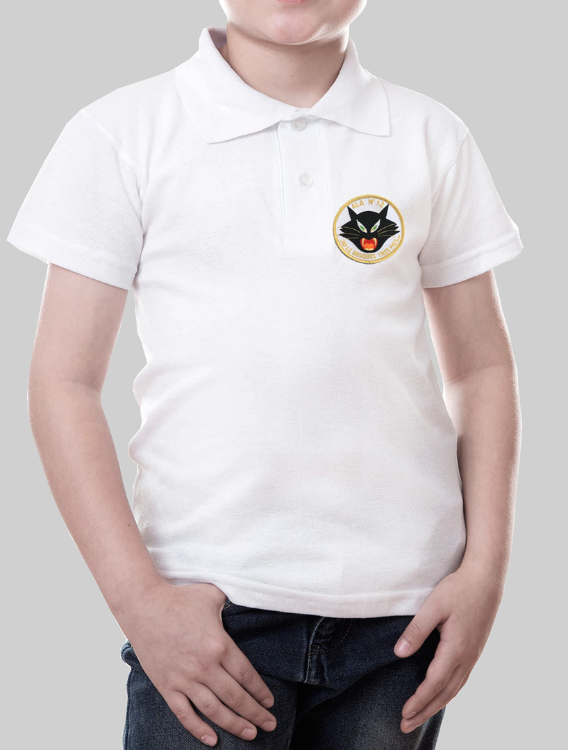 Polo infantil blanco con emblema Gato Ala 12 bordado en el pecho, 100% algodón, para niños de familias militares del Ejército del Aire