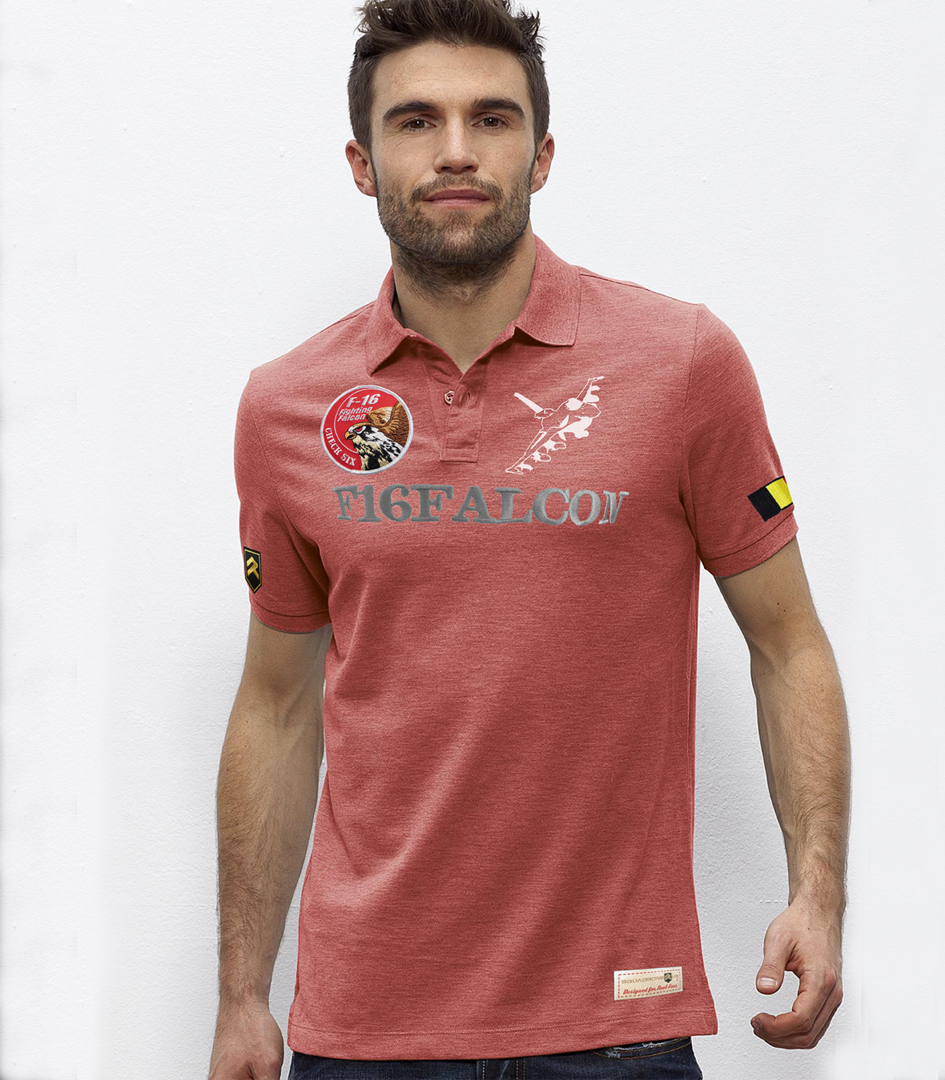 Polo piqué F-16 Falcon BAC Bélgica mid red con parche bordado algodón orgánico premium