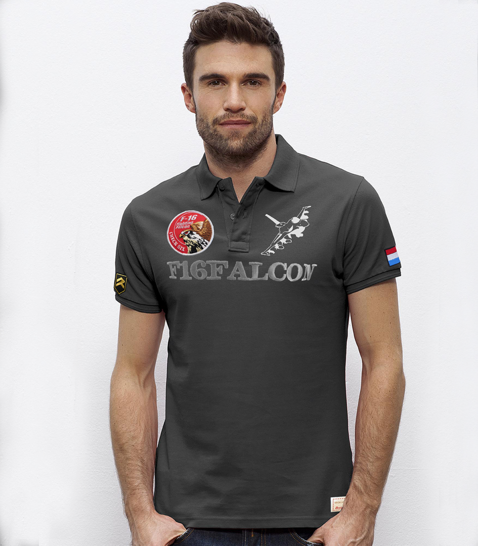 Polo piqué F-16 Falcon RNLAF Países Bajos negro vintage con parche bordado algodón orgánico premium