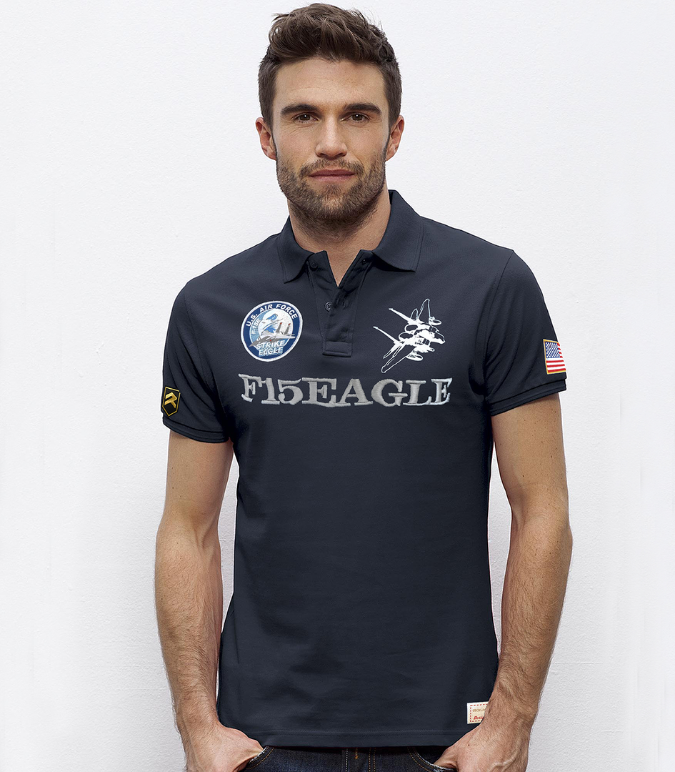Polo piqué F-15 Eagle USAF con parche bordado azul marino y print algodón orgánico premium