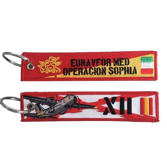 Llavero bordado conmemorativo Operación SOPHIA con diseño auténtico de la misión naval de la Armada Española y anilla metálica