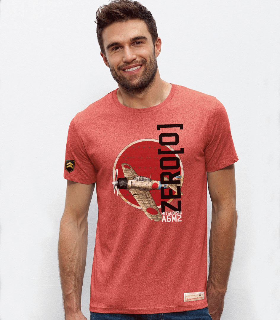 Camiseta WWII Zero A6M2 Premium roja jaspeada - Detalle diseño exclusivo