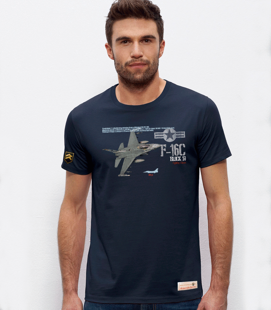 Camiseta F-16C Block 50 USAF premium azul marino - Caza superioridad aérea Lockheed Martin