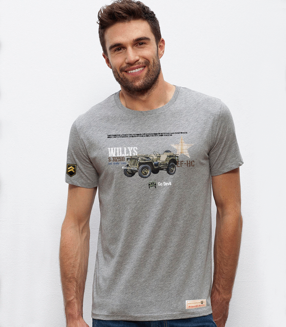 Camiseta premium Jeep Willys ARMY USA gris vigore - Diseño vehículo militar legendario U.S. Army Segunda Guerra Mundial