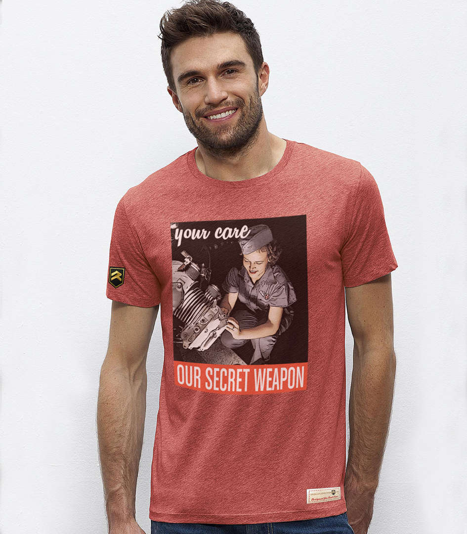 Camiseta militar WWII Spitfire MK5 RAF Premium color rojo jaspeado - Diseño exclusivo aviación Segunda Guerra Mundial