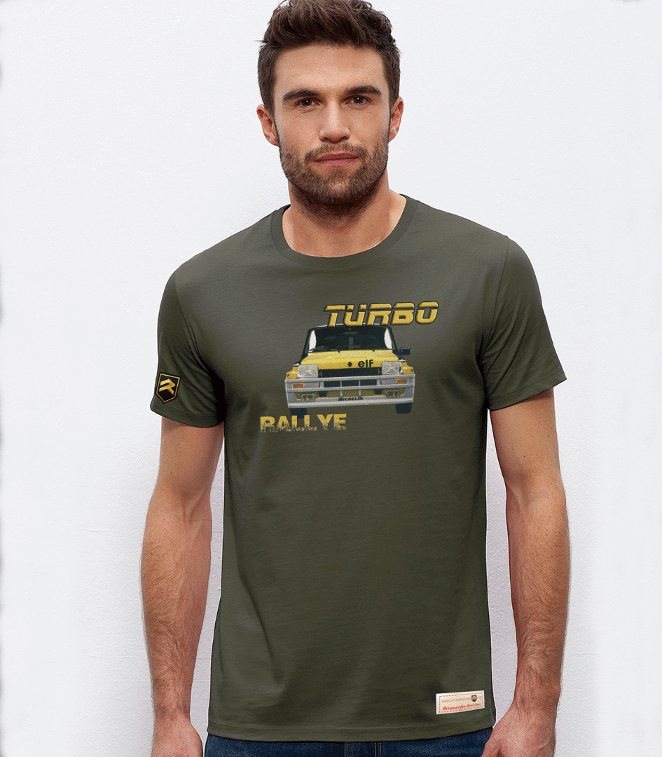 Camiseta Renault 5 Turbo Rally color caqui - Diseño vintage rally clásico algodón orgánico OCS