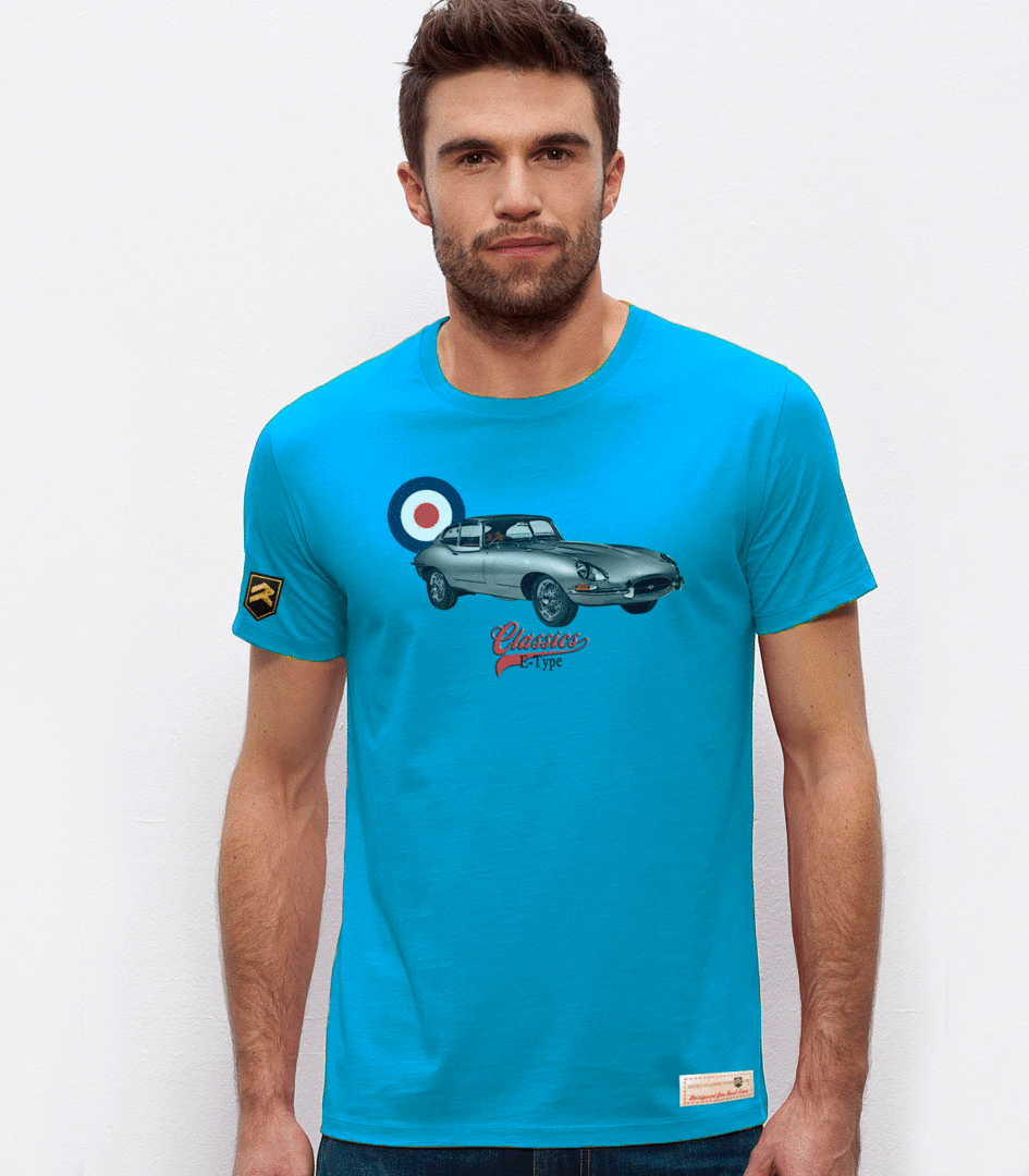 Camiseta Jaguar E-Type Classics color azur - Diseño vintage coche clásico británico algodón orgánico OCS