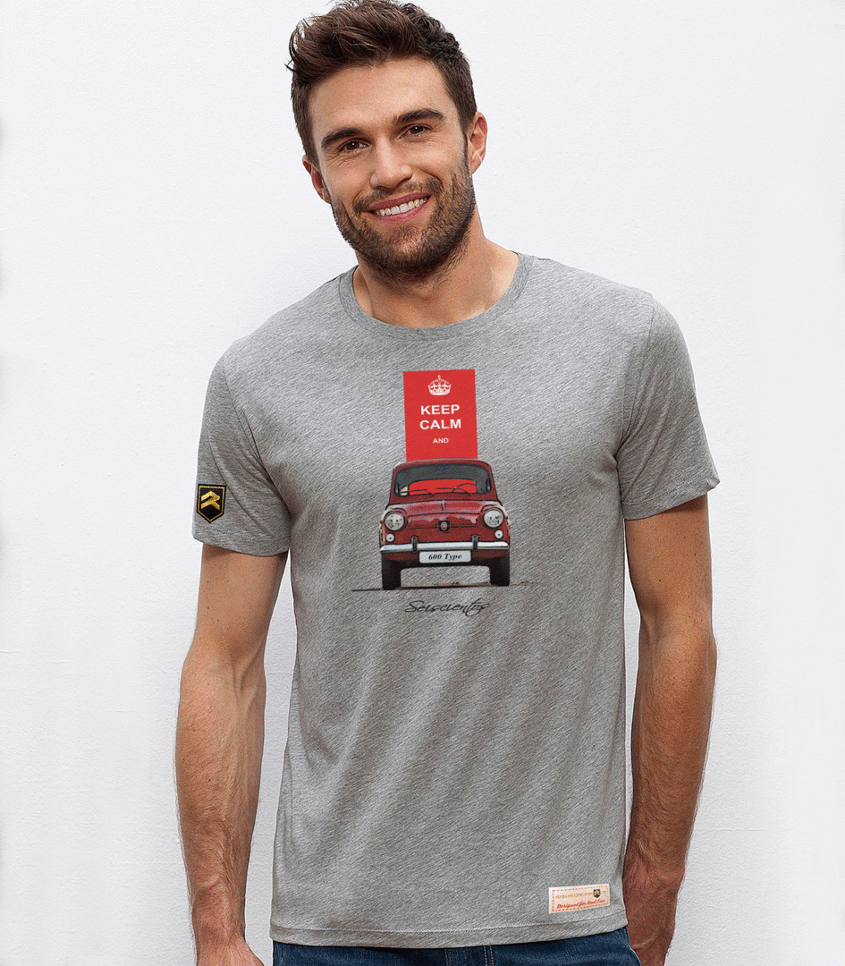 Camiseta Seat 600 Keep Calm color gris jaspeado - Diseño vintage coche clásico español algodón orgánico OCS