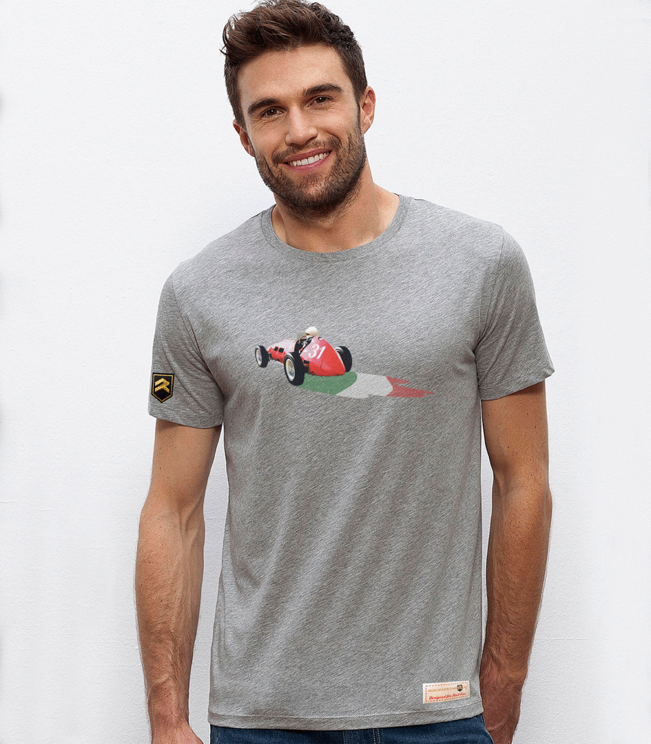 Camiseta Maserati Grand Prix color gris jaspeado - Diseño vintage Fórmula 1 algodón orgánico OCS