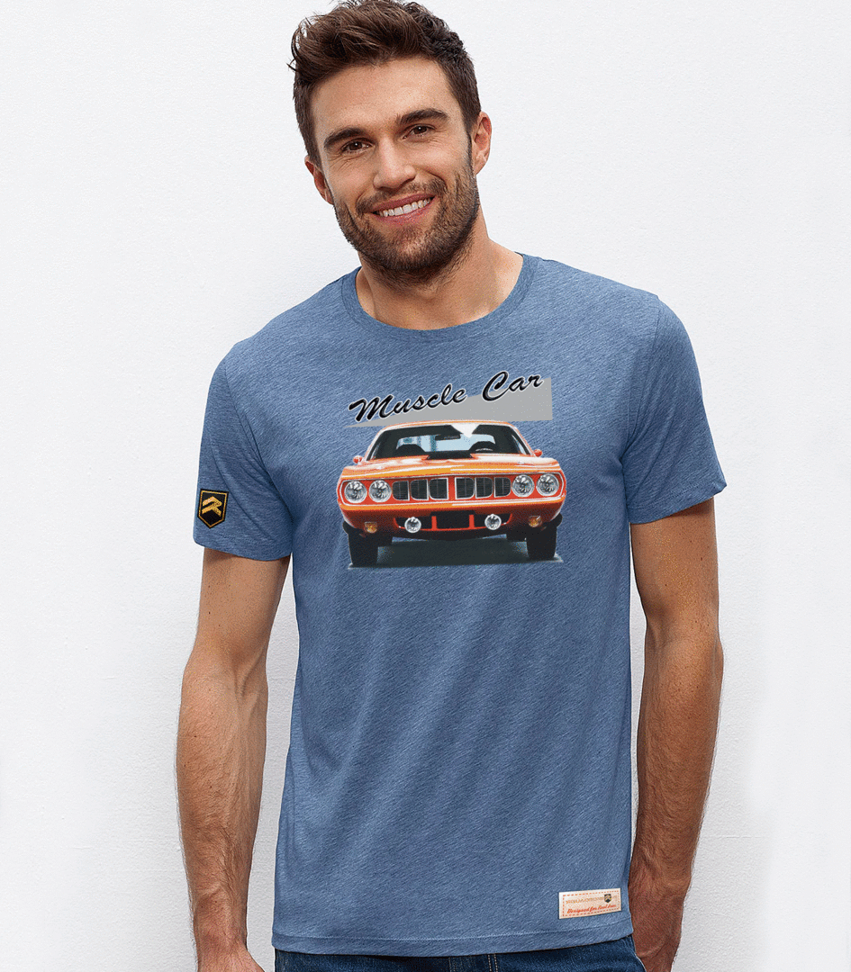 Camiseta Muscle Car II color azul jaspeado - Diseño vintage muscle car americano algodón orgánico OCS