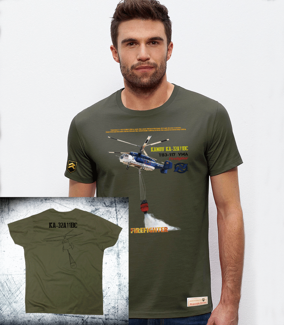 Camiseta premium Kamov KA-32 Firefighter color caqui - Helicóptero extinción incendios algodón orgánico OCS