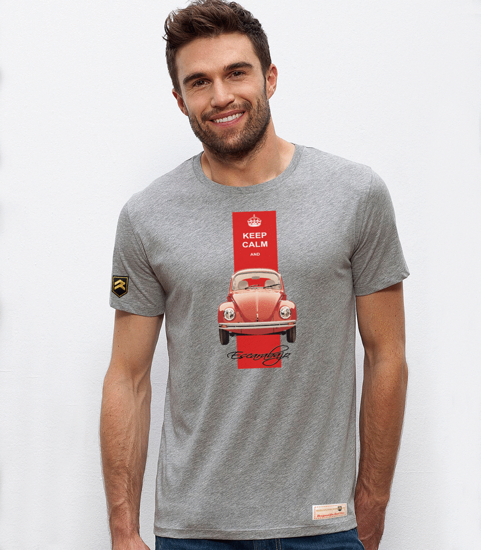 Camiseta R4 Keep Calm color gris jaspeado - Diseño vintage Renault 4 algodón orgánico OCS