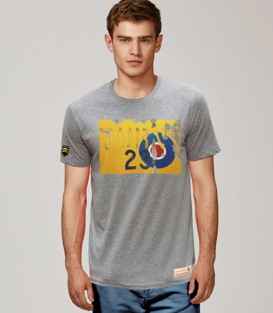 Camiseta militar premium Rusty RAF Yellow 23 - Diseño vintage Royal Air Force británica, color gris jaspeado