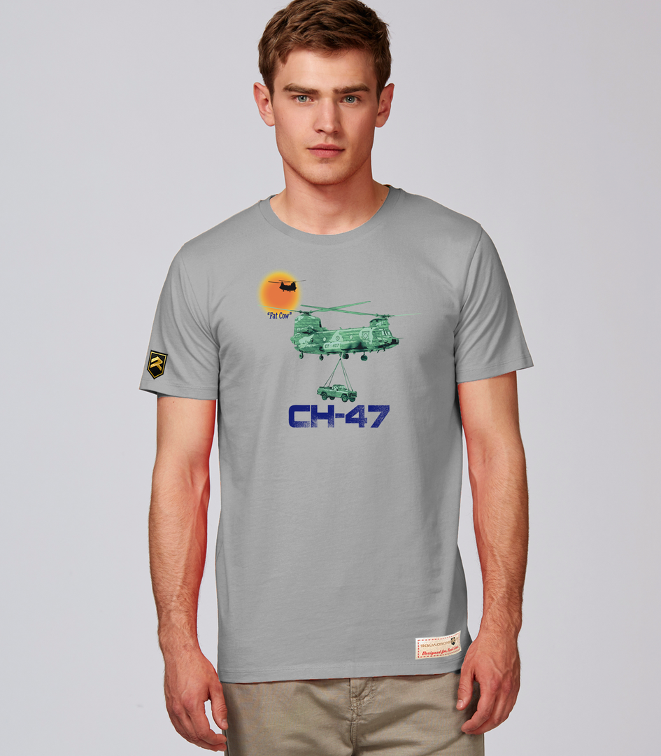 Camiseta militar premium Chinook Fat Cow CH-47 - Helicóptero transporte pesado, color gris