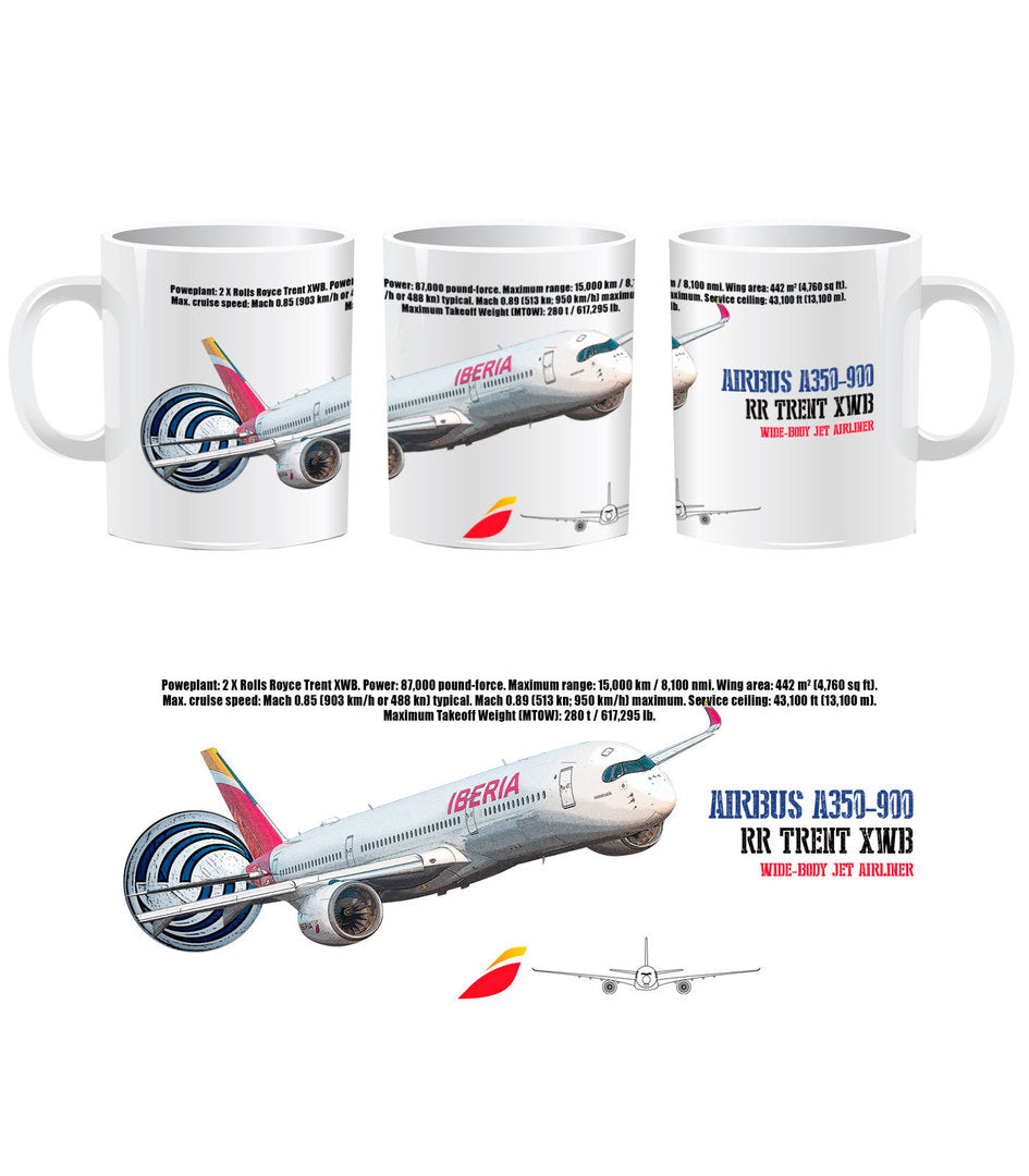 Taza Airbus A-350 Iberia con serigrafía premium logo aerolínea española aviación civil