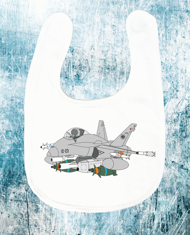 Babero bebé Ala 12 EF-18 Hornet estilo cómic - Ribete azul velcro ajustable aviación militar infantil