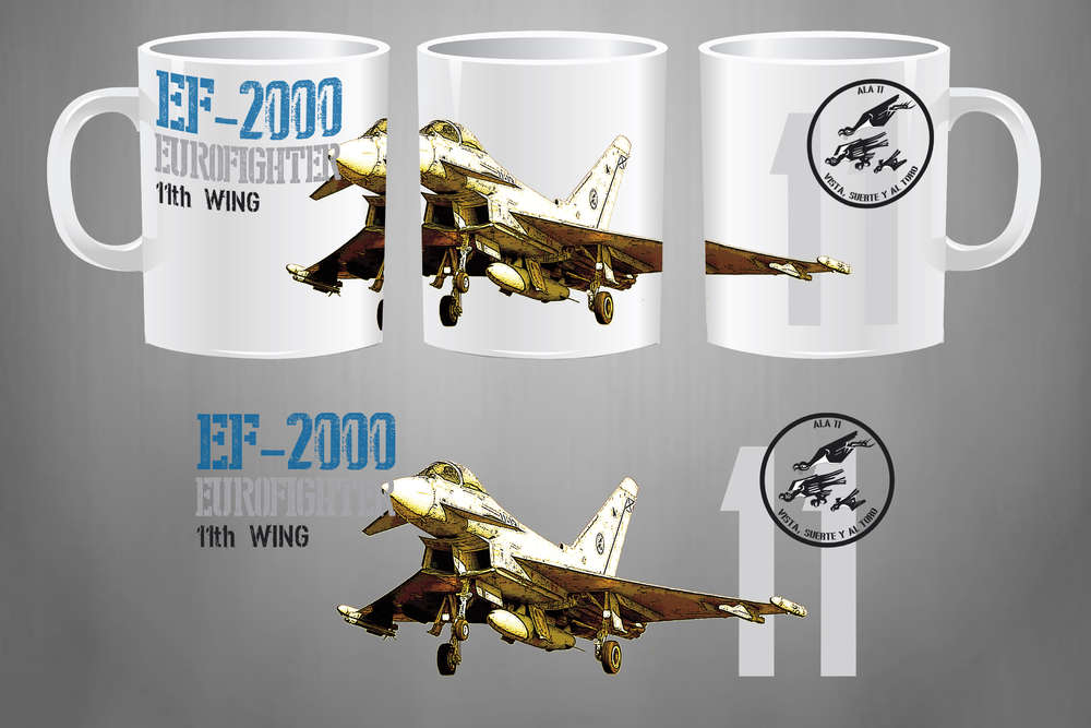 Taza cerámica blanca Ala 11 con emblema oficial Eurofighter Typhoon Morón - 330ml apta microondas