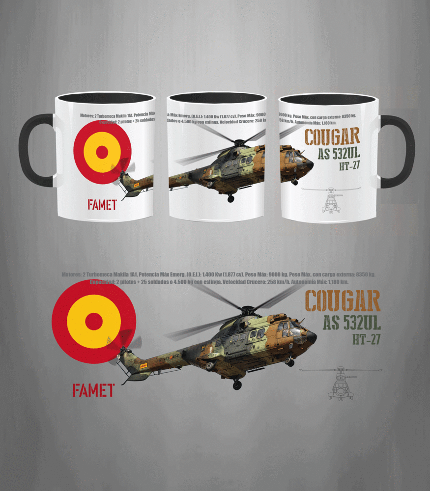 Taza cerámica helicóptero AS532 Cougar FAMET Ejército de Tierra español SAR 330ml