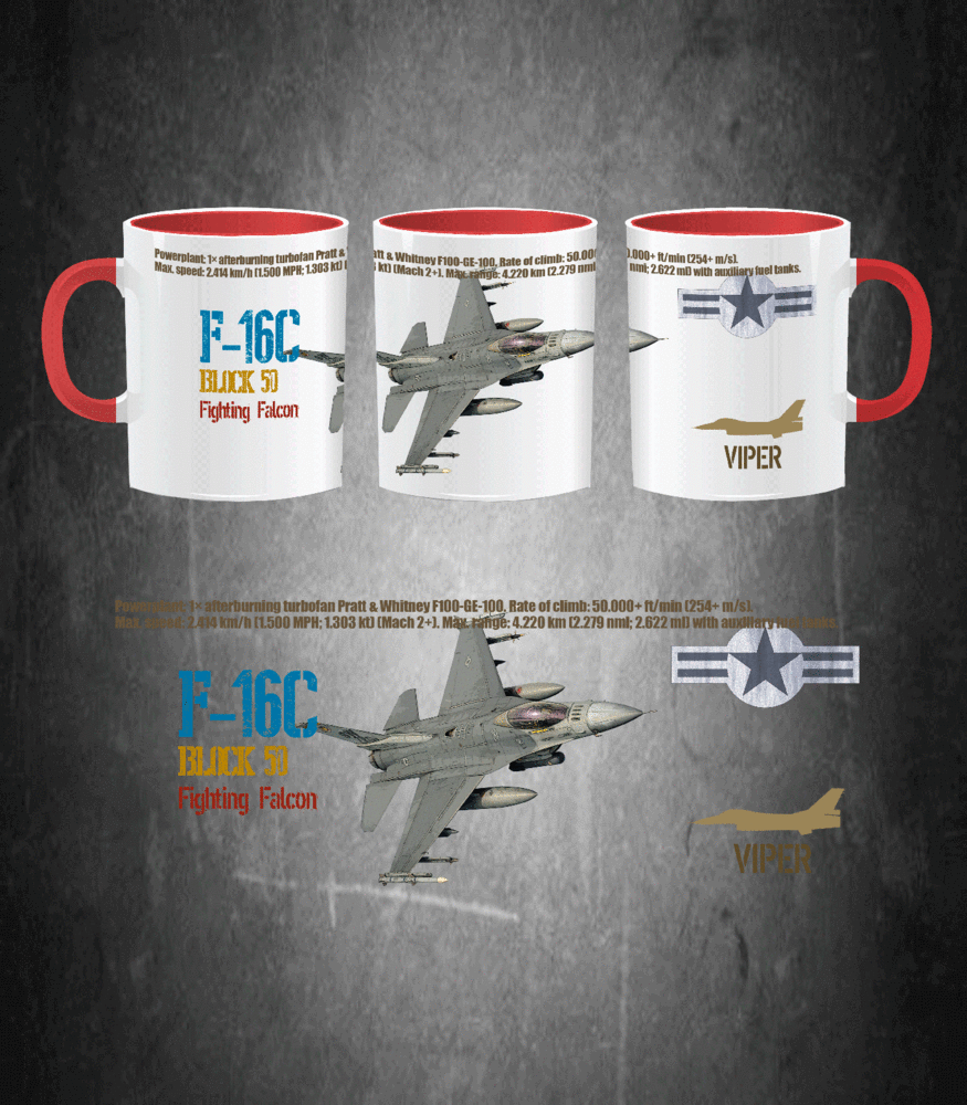 Taza cerámica F-16C Block 50 Fighting Falcon USAF caza polivalente 330ml