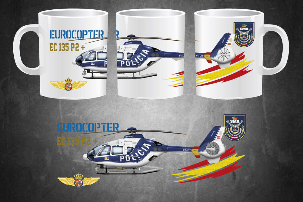 Taza EC 135 P2+ Policía Nacional con diseño del helicóptero de la unidad aérea policial española