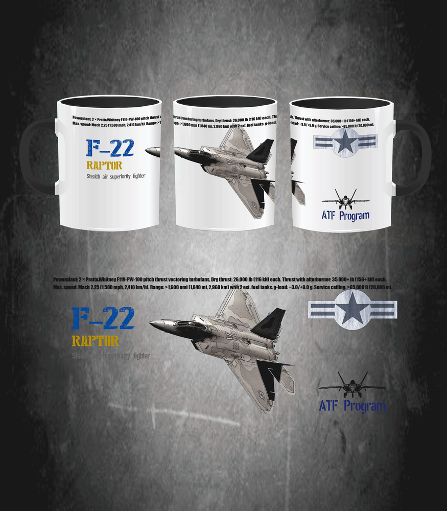 Taza cerámica F-22 Raptor USAF caza quinta generación stealth 330ml
