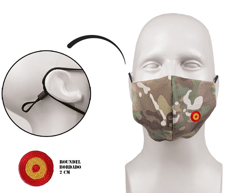 Mascarilla militar España camuflaje con roundel bordado. Tejido ripstop 65% poliéster, 35% algodón. Forro de algodón, bucles ajustables. Orgullo patrio estilo táctico.