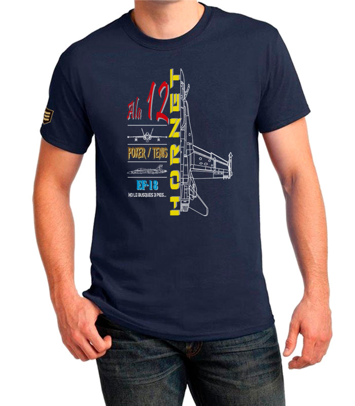 Camiseta azul marino 100% algodón con estampación HD del perfil silueta del EF-18 Hornet del Ala 12 del Ejército del Aire de Torrejón