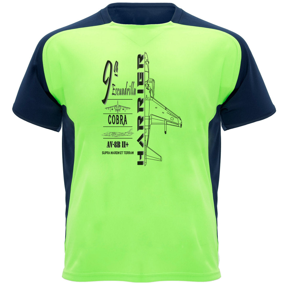 Camiseta técnica verde fluor 9ª Escuadrilla - diseño perfil AV-8B Harrier