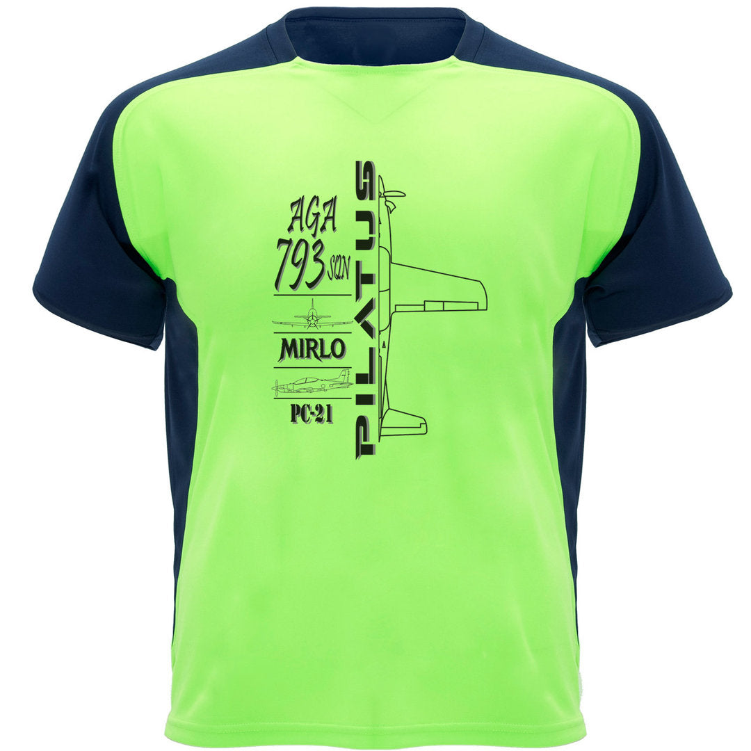 Camiseta técnica verde fluor PC-21 Pilatus - diseño perfil aeronave Mirlo