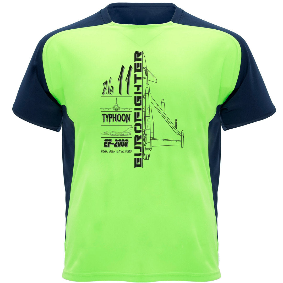 Camiseta técnica deportiva Ala 11 verde fluor bicolor con perfil Eurofighter Typhoon - Poliéster transpirable manga raglán