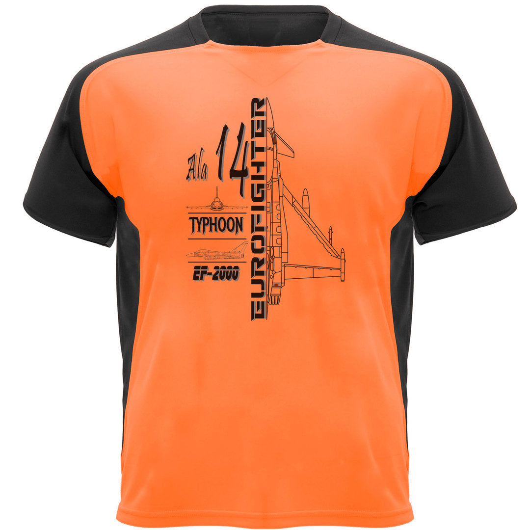 Camiseta deportiva naranja fluor Eurofighter Typhoon - detalle manga ranglán