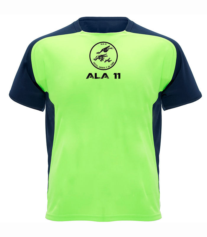 Camiseta técnica deportiva Ala 11 verde fluor bicolor con emblema Eurofighter Typhoon - Poliéster transpirable manga raglán