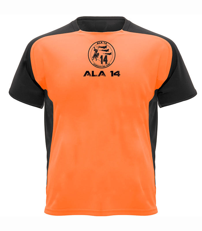 Camiseta técnica Eurofighter Ala 14 en naranja fluor con negro, manga corta ranglán para libertad de movimiento