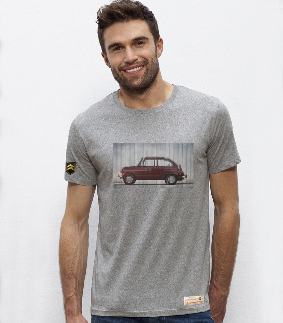 Camiseta Seat 600 Wood color gris jaspeado - Diseño vintage coche clásico español algodón orgánico OCS
