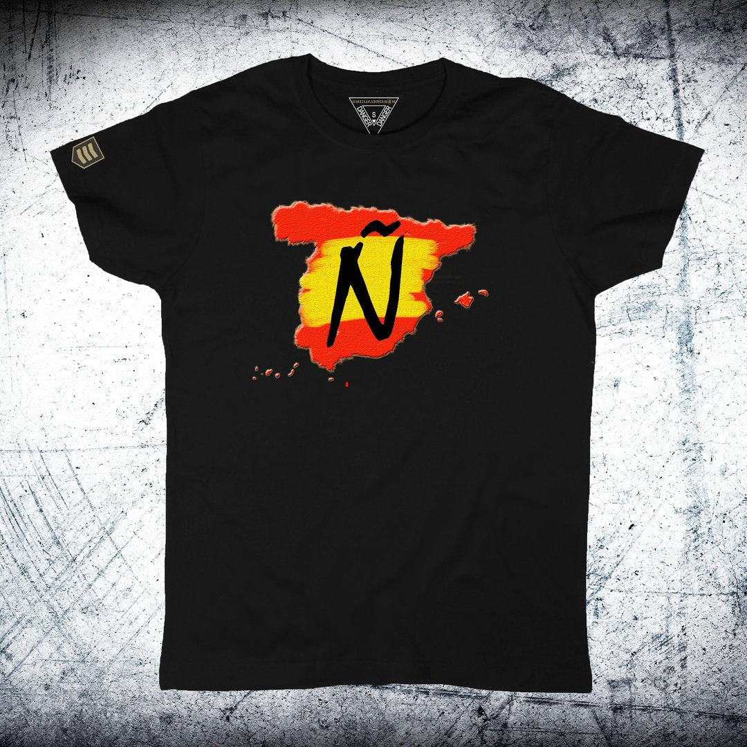 Camiseta España Ñ negra 100% algodón - Diseño patriótico letra Ñ y España