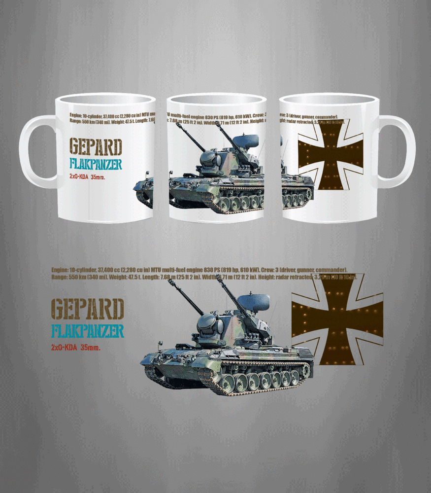 Taza cerámica Flakpanzer Gepard sistema antiaéreo autopropulsado vehículo militar 330ml