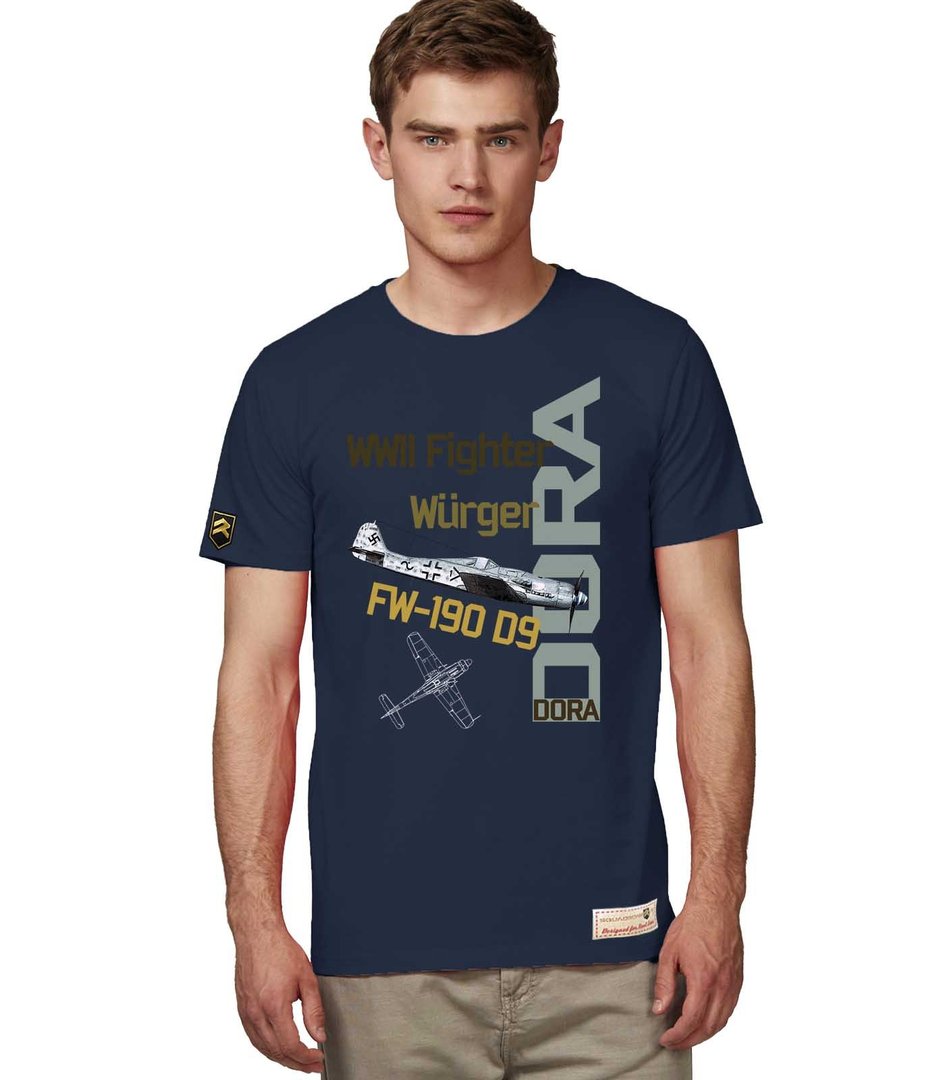 Vista detalle camiseta azul marino Focke-Wulf Fw 190 - Diseño Dora motor Junkers Jumo 213