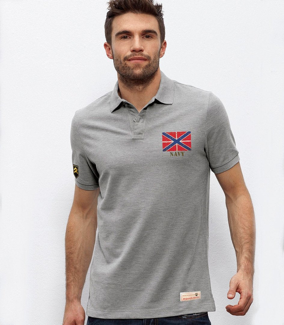 Polo piqué Russian Navy gris vigore con emblema naval ruso serigrafiado en algodón 100% premium