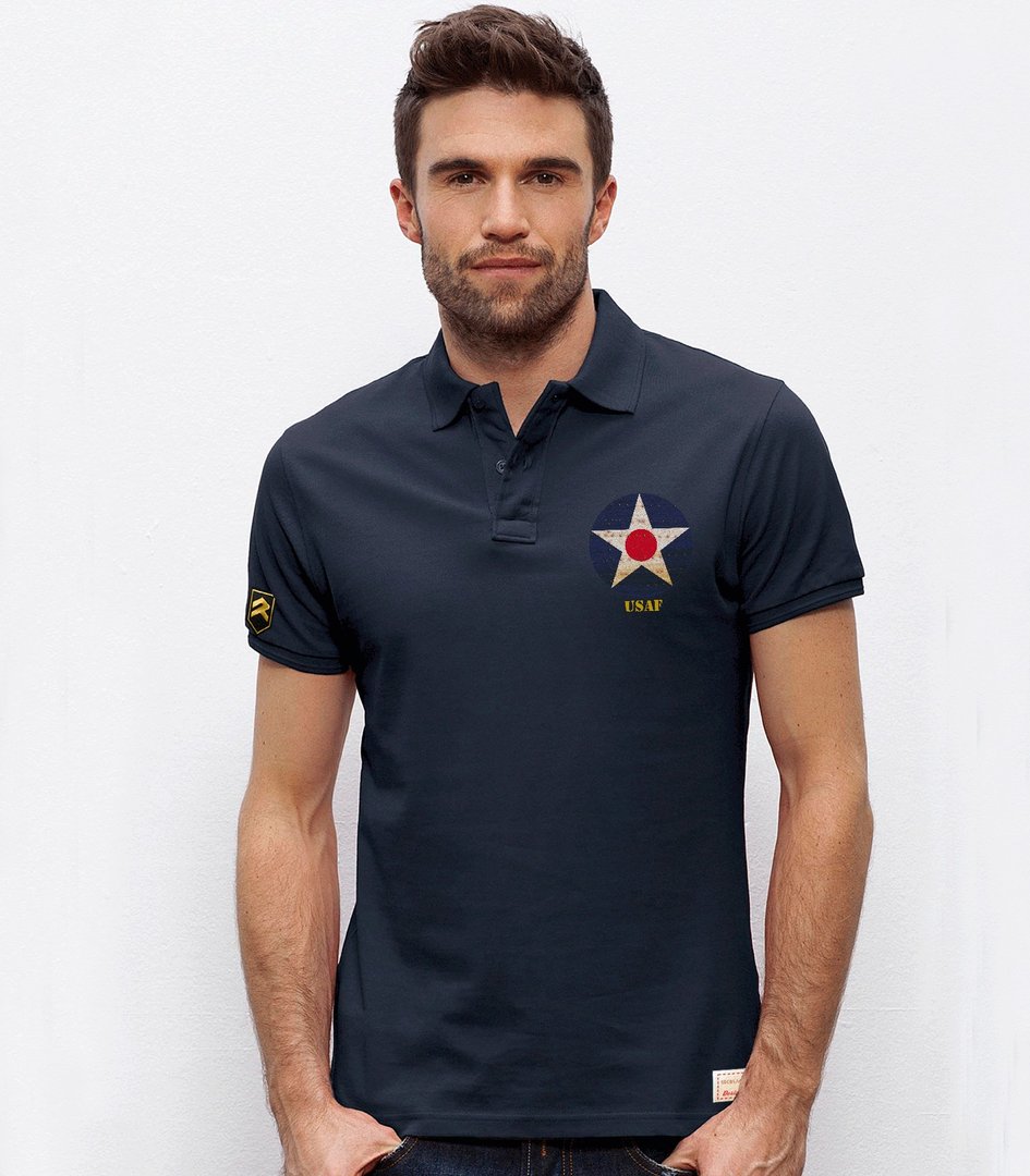Vista detalle polo piqué USAF WWII - Bordado alta calidad símbolo histórico aviación