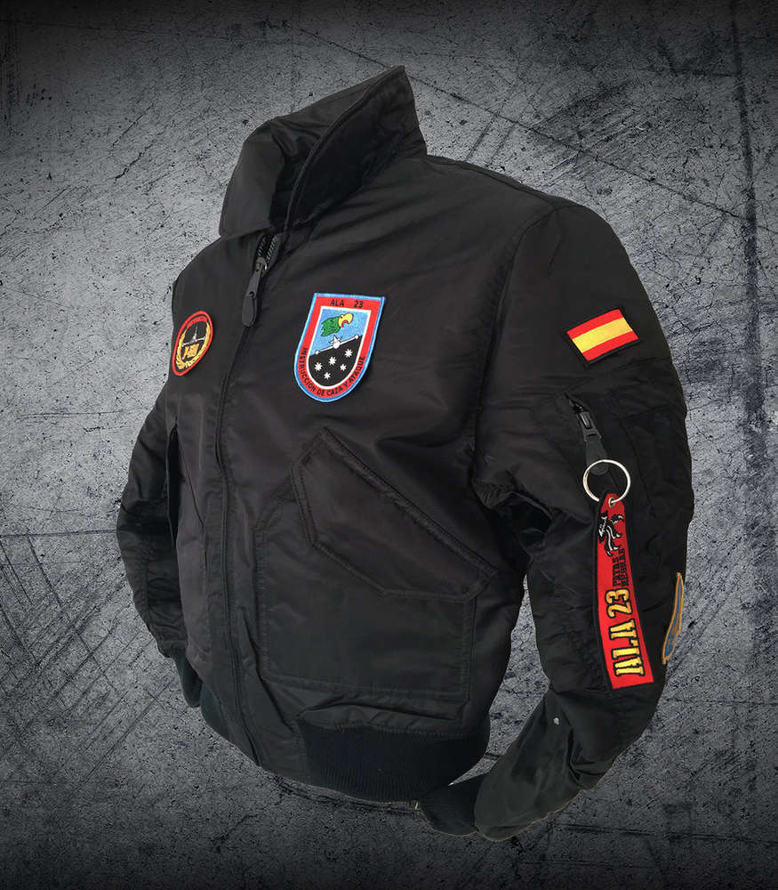 Cazadora piloto CWU negra Ala 23 talla XL - Outlet parches bordados MQ-9 Predator Talavera