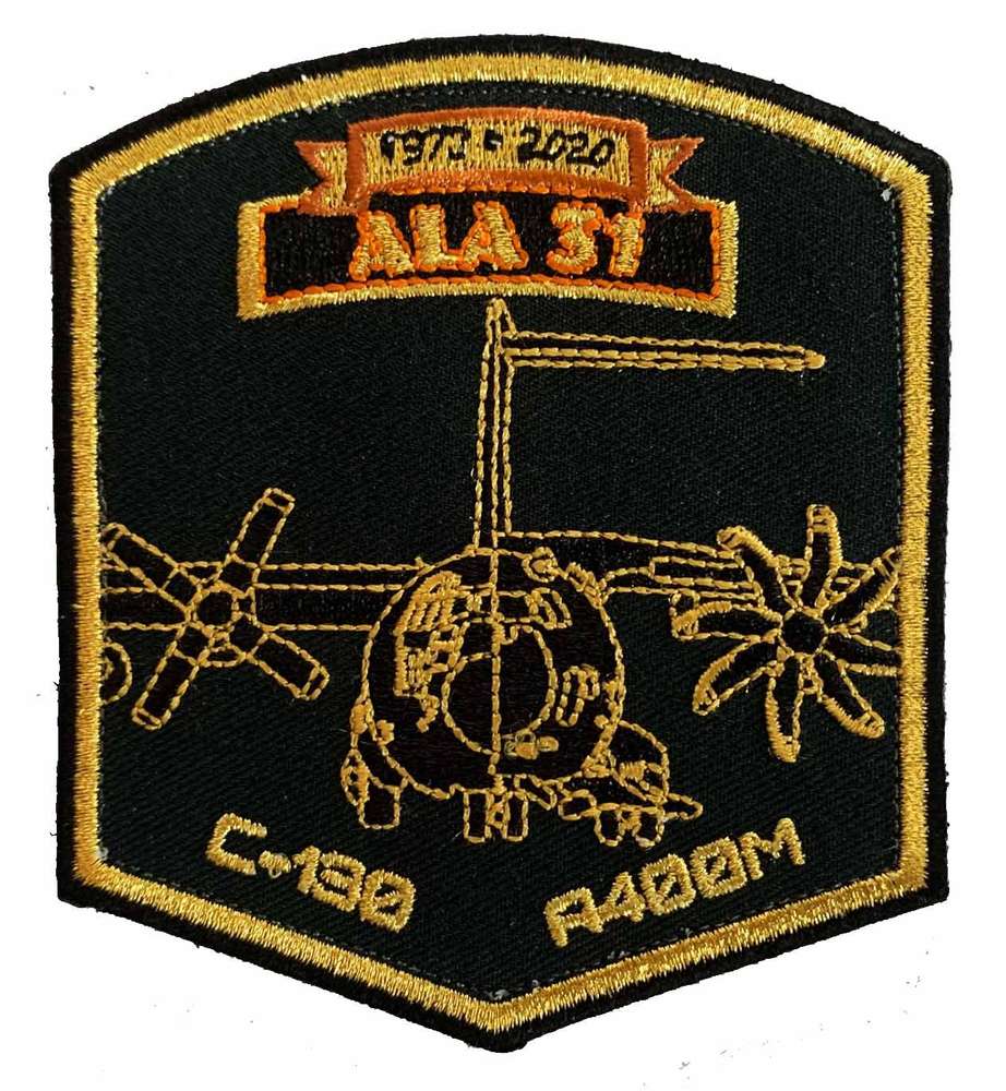 Parche bordado Ala 31 A-400/C-130 de 9,5x8,5cm con velcro. 100% bordado profesional. A400M Atlas y C-130 Hercules Zaragoza. Auténtico militar