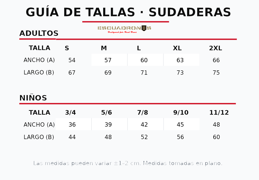 Guía de tallas sudadera HORNET SPAIN - Medidas S M L XL XXL hoodie aviación