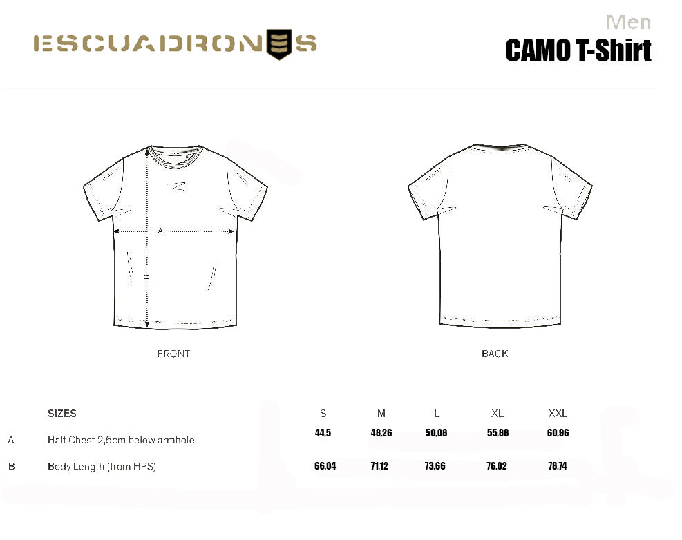 Guia de tallas Camiseta Militar British Camo con camuflaje británico clásico en tonos verdes, marrones y negros, fabricada en algodón 145 g/m² con logos bordados y acabados profesionales