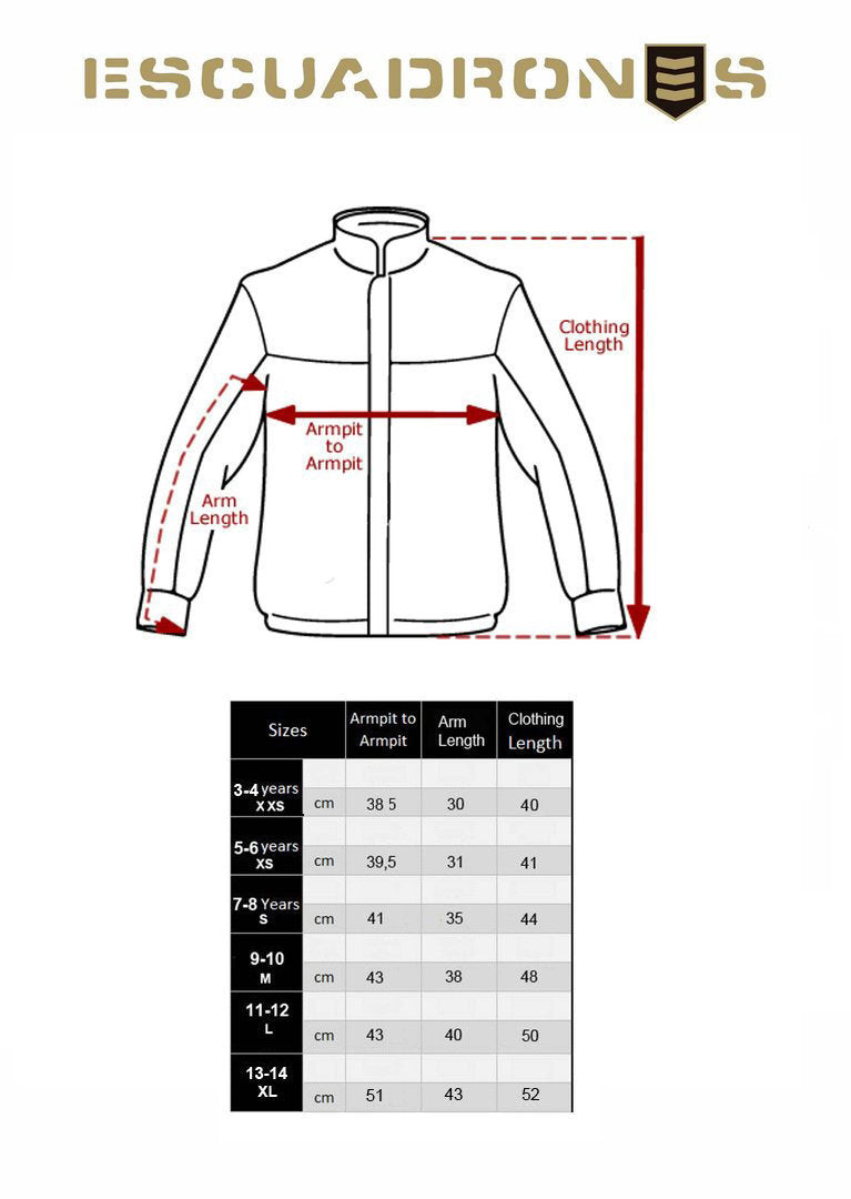 Guía de tallas para cazadora bomber infantil - Tabla de medidas para chaqueta de piloto niños - Tallas 4 a 14 años