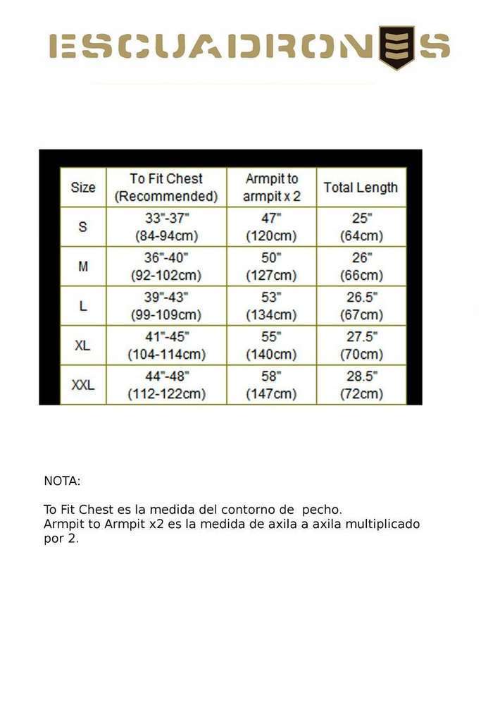 Guía de tallas anorak militar Ala 12 - Medidas S M L XL XXL cazadora aviación