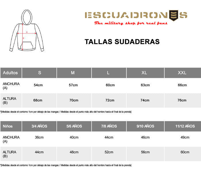 guia de tallas Sudadera Ala 12 con emblemas de los escuadrones POKER y TENIS del Ejército del Aire español, capucha y bolsillo canguro