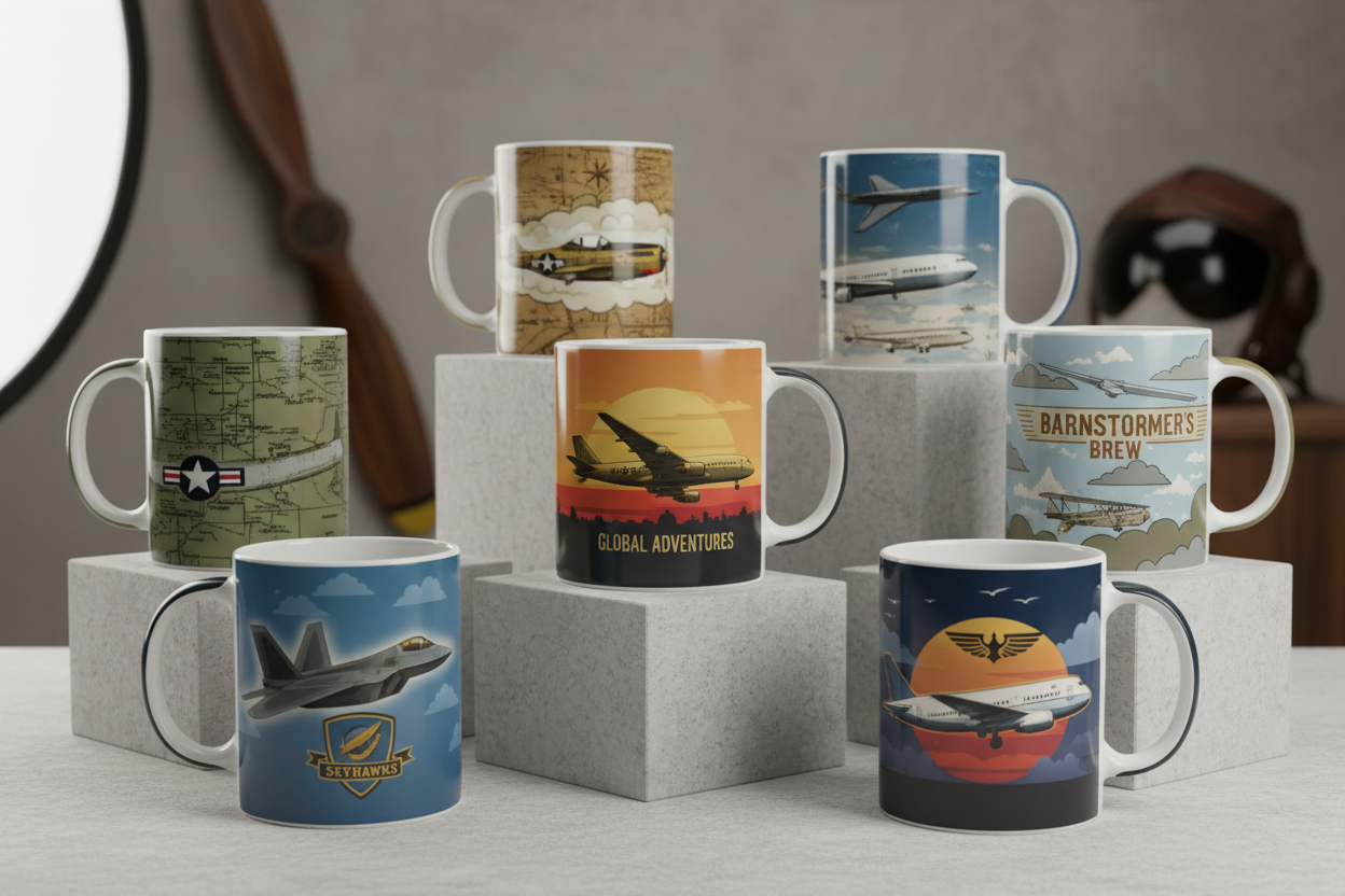 Colección de tazas de aviación militar con diseños sublimados de aviones y escuadrones del Ejército del Aire español