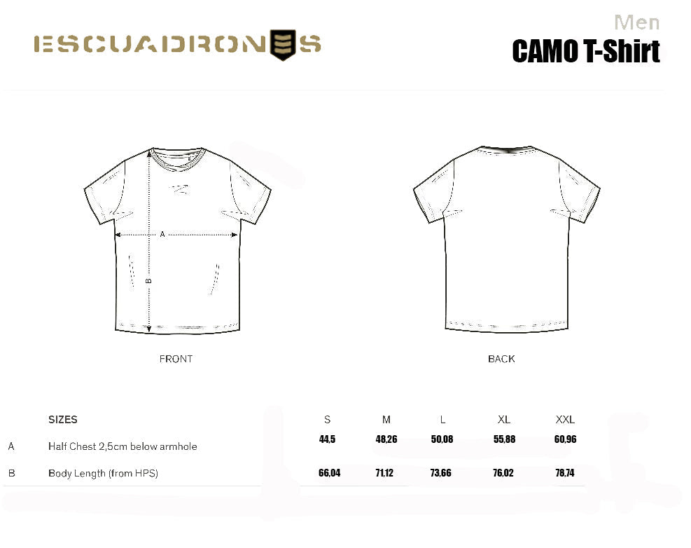 Guía de tallas para camisetas militares CAMO de Escuadrones
